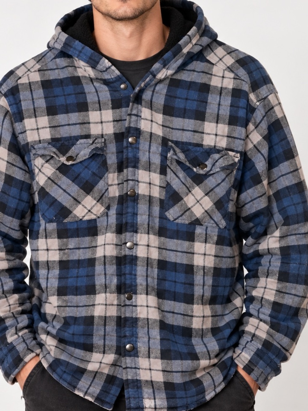 Blue & Gray Plaid Hooded Fleece-Lined Flannel Shirt Jacket XL